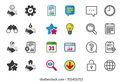 Handshake icons. World, Smile happy face and house building symbol. Dollar cash money bag. Amicable agreement. Chat, Report and Calendar signs. Stars, Statistics and Download icons. Vector