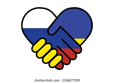 ilustración de apretón de manos El escudo de armas de las banderas nacionales de Ucrania y Rusia está en forma de corazón o amor. bandera ucraniana contra bandera rusa sobre fondo blanco aislado. símbolo de paz