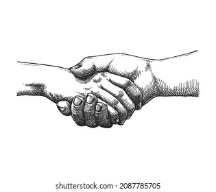 Handshake Illustration, Hand Drawn Crosshatch Sketch, Business Concept Vector