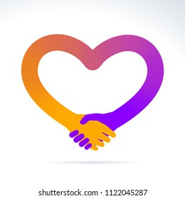 Handshake illustration shape a gradient heart. Yellow and purple color