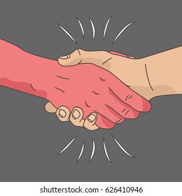 Handshake illustration. Two men's hands, the one of which is red. Deal with the devil
