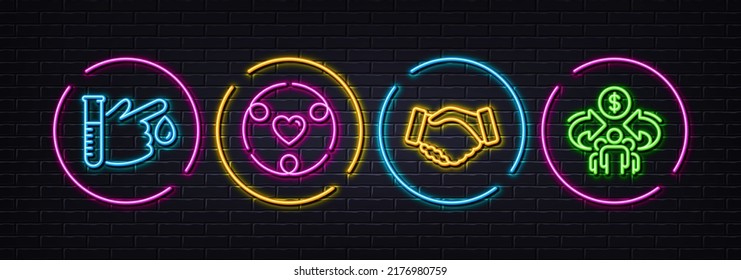 Handshake, Inclusion And Blood Donation Minimal Line Icons. Neon Laser 3d Lights. Sharing Economy Icons. For Web, Application, Printing. Deal Hand, Equity Justice, Medicine Analyze. Share. Vector