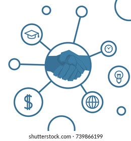 Handshake infographic with round icons. Vector linear business concept