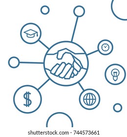 Handshake infographic with round icons. Vector linear business concept