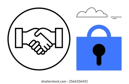 Handshake inside a circle, a blue padlock with a black keyhole, and a simple cloud. Ideal for partnership, security, cloud storage, encryption, data protection. Minimalistic flat style