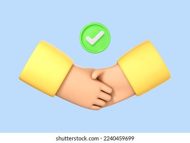 Handshake isolated on blue background. Approval gesture icon. Business concept of partnership, cooperation, successful deal. Hand shake symbol. Vector 3d Illustration