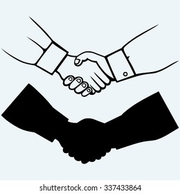 Handshake. Isolated on blue background. Vector silhouettes