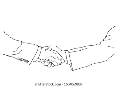 Handshake isolated. Symbol of a successful interracial business deal. Multiracial handshake between two businessmen. Friendship of Peoples. Vector illustration flat linear design.