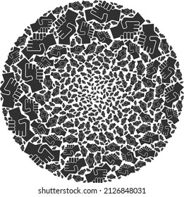Handshake items are organized into spheric collection. Handshake icon spheric collage. Abstract spheric bubble collage is designed from handshake items.