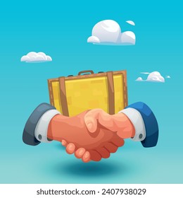 handshake with leather case flying on blue