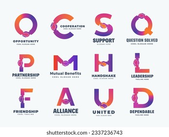 Handshake Letters Abstract Vector Logo Templates Set. A Collection of Hand Shake Icon Incorporated in Letters Cooperation and Friendship Concepts. Isolated