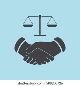 Handshake and libra icon, justice vector illustration