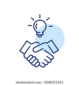 Handshake and light bulb. Creative partnership, ideas exchange, joint vision. Pixel perfect, editable stroke icon