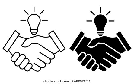 Handshake and light bulb icon set. Creative idea conceptual symbol. Vector illustration isolated on white.