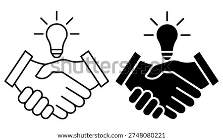 Handshake and light bulb icon set. Creative idea conceptual symbol. Vector illustration isolated on white.