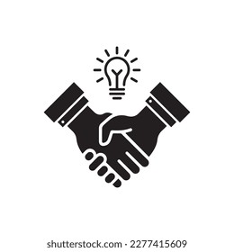 Handshake mit Glühbirne wie eine tolle Geschäftsidee. Konzept der finanziellen Hilfe oder Risikokapital. Skizze-Trend-Insight-Wirksamkeits-Unternehmen logotype grafische Design-Element einzeln auf Weiß