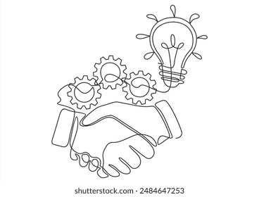 handshake with a light bulb on top, reaching an agreement with a business idea.continuous line art drawing style.