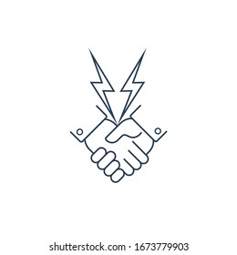 Handshake with lightning. Termination of cooperation. Break the union, dialogue, treaties. Vector linear icon isolated on white background.