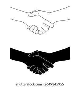 Handshake Line Art e Silhouette Duo - Acordo e Conceitos de Parceria. Uma ilustração minimalista com duas versões de um aperto de mão.