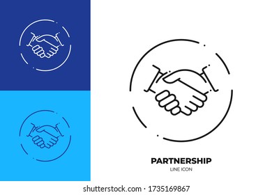 Handshake line art vector icon. Outline symbol of agreement. Partnership pictogram made of thin stroke. Isolated on background.