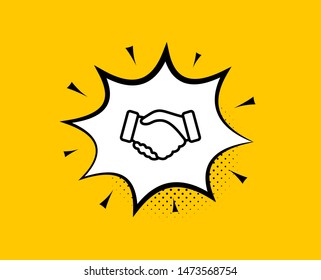 Handshake line icon. Comic speech bubble. Hand gesture sign. Business deal palm symbol. Yellow background with chat bubble. Handshake icon. Colorful banner. Vector