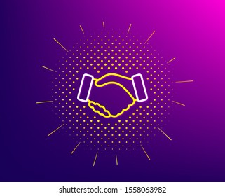 Handshake line icon. Halftone pattern. Hand gesture sign. Business deal palm symbol. Gradient background. Handshake line icon. Yellow halftone pattern. Vector