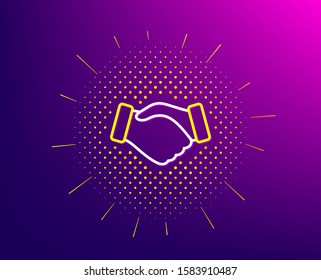 Handshake line icon. Halftone pattern. Hand gesture sign. Business deal palm symbol. Gradient background. Handshake line icon. Yellow halftone pattern. Vector