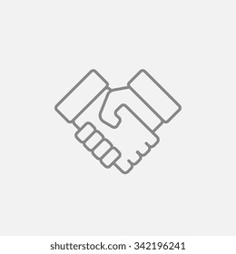 Icono de línea de apretón de manos para web, móvil e infografía. Icono vector de gris oscuro aislado en fondo gris claro.