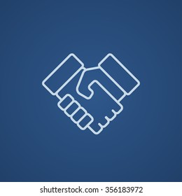 Icono de línea de apretón de manos para web, móvil e infografía. Icono azul claro del vector aislado en fondo azul.