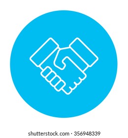 Handshake line icon for web, mobile and infographics. Vector white icon on the light blue circle isolated on white background.