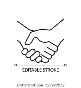 Handshake linear icon. Successful business deal. Partnerships. Mutually beneficial deal. Thin line customizable illustration. Contour symbol. Vector isolated outline drawing. Editable stroke