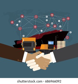 Handshake and Logistics and transportation of Container Cargo ship  in shipyard logistic import export and transport industry on world map background 