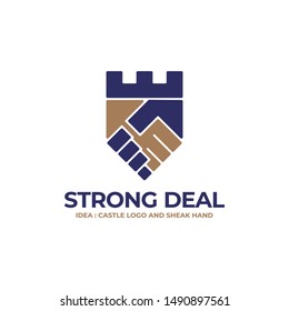 Handshake logo combined with fortress or castle. Creative Strong logo design inspiration. can be used as symbols, brand identity, company logo, icons, or others. Color and text can be changed.