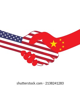 Handshake-Logo. Flaggen der USA und Chinas. Wirtschaftliche Zusammenarbeit. Partnerschaft, Freundschaft. Vektorgrafik. EPS10.