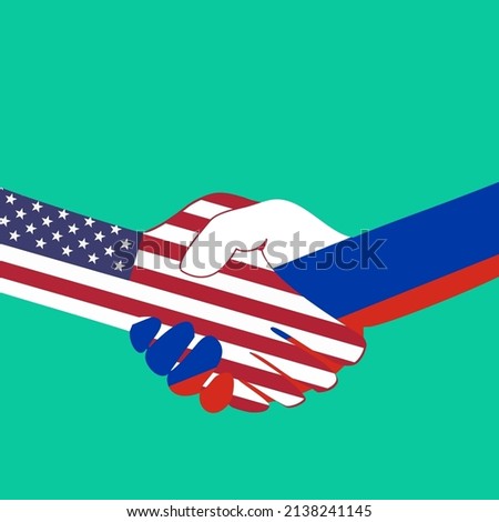 Handshake logo. Flags of USA and Russia. Economic cooperation. Partnership, frienship. Reconciliation and truce. Vector illustration. EPS10