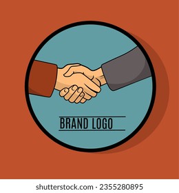 handshake logo illustration design on brown and blue background inside circle