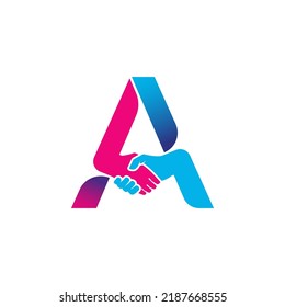 logo de poignée de main isolé sur lettre A alphabet. Conception du logo d'un partenariat d'affaires et d'un syndicat.