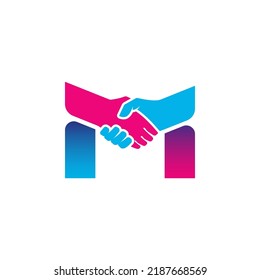 handshake logo isolated on letter M alphabet. Business partnership and union logo design.