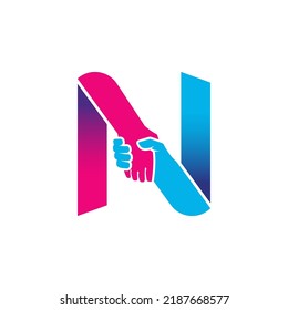 handshake logo isolated on letter N alphabet. Business partnership and union logo design.