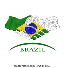 Handshake logo made from the flag of brazil.