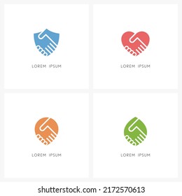 Juego de logotipos de apretón de manos - símbolo de escudo, corazón, lugar, hoja y manos que se agitan