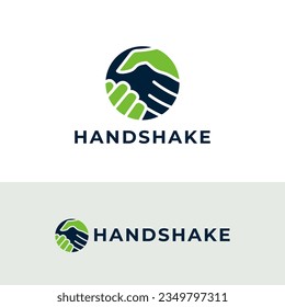 Handshake Logo. Two Hands Make a Deal in Blue and Green Circle Shape isolated on White Background. Usable for Business and Cooperation Logos. Flat Vector Logo Design Template Element.