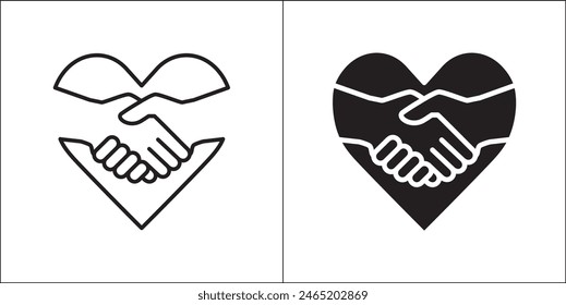 Handschlag für Liebes-Ikone. Handschlag im Herzen Symbol. Ikone für Wohltätigkeit, Spende, Mitgefühl, Solidarität und humanitäre Hilfe. Vektorgrafik Stock-Logo-Illustration im flachen und Liniendesign-Stil.