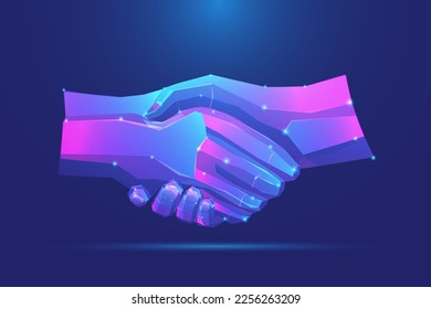 handshake Low-Poly-Technologie auf blauem Hintergrund. Hände verlinken Internetverbindung. Erfolgskonzept für Unternehmen. Vertragspartner. Vektorgrafik fantastisches Mesh. Beziehungsgeschäft.