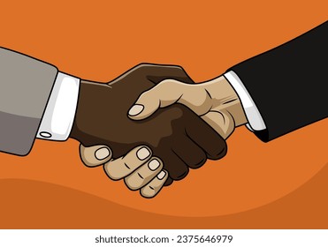 Handshake. Male caucasian and african businessmen shook hands, vector illustration