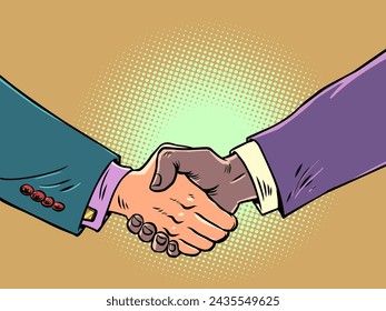 Handshake of male hands at a business meeting. International cooperation in all areas. Business expansion to other markets and industries. Comic cartoon pop art retro vector illustration hand drawing