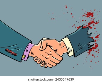Handshake of male hands at a business meeting. Helping a collapsing company and buying out its shares. Loss of trust in cooperation between firms. Comic cartoon pop art retro vector illustration hand
