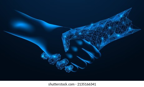 The handshake of man and artificial intelligence. Polygonal design of interconnected lines and points. Blue background.