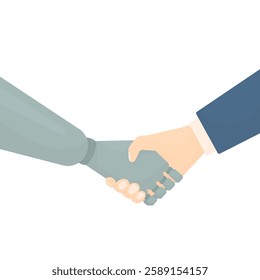 Handshake of a man with a robot in cartoon style on a white isolated background. A man in a business suit with a robot.