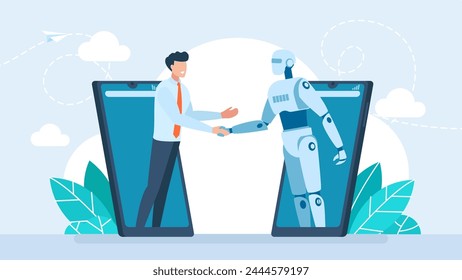 Handshake of man and robot in mobile. Ai robot and businessman shaking hands. Partnership between man, humanoid robots. Online collaboration between human, artificial intelligence. Vector illustration